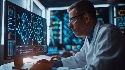 Medical researchers analyzing data on a computer screen, focus on graphs and molecular structures.