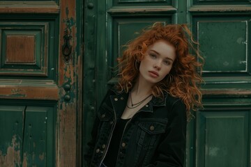 Obraz na płótnie Canvas Fashion portrait of beautiful young Caucasian woman with curly red hair wearing black jacket and jeans. Unemotional female model leaning against old green door while looking at camera.