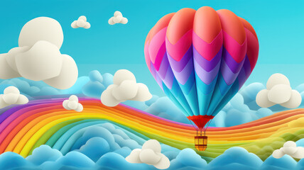 Fototapeta na wymiar hot air balloon, cloud and rainbow blue sky background