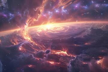 Explore digital art's wonder with our vibrant spiral galaxy. Witness stars and cosmic dust weave a...