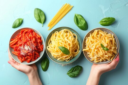 Top view of woman's hands holding plates of tasty Italian pasta on a light blue tabletop. Girl is serving three bowl of pasta with tomatoes, cheese and fresh basil. World Pasta Day.