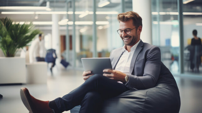 Smiling Asian Businessman Using Mobile Phone Sitting On Bean Bag In Office