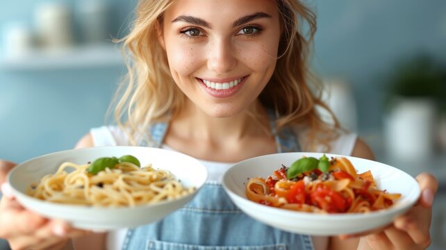 Portrait of young Caucasian woman holding plates of tasty Italian pasta against light blue background. Happy smiling girl serving two bowls of pasta with tomatoes, basil and cheese. World Pasta Day.