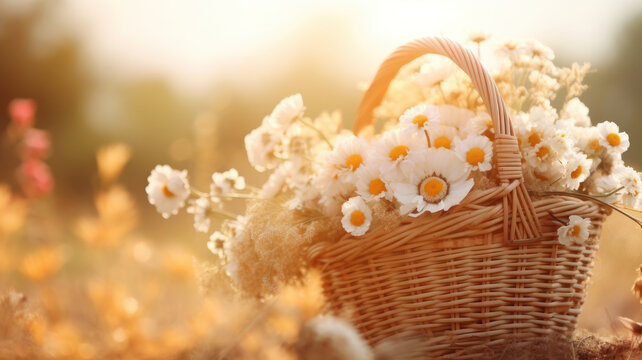 flowers in a basket on nature background copy space