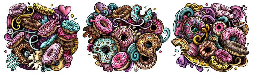 Donuts doodle cartoon funny set