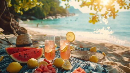 Summer beach picnic with fresh watermelon lemons and refreshing drinks at golden hour.