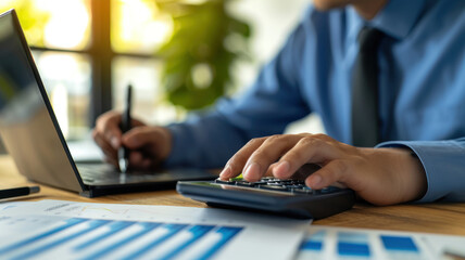 businesswoman working on desk office with using a calculator to calculate the numbers, finance accounting concept