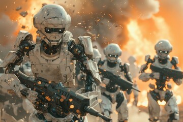 Epic battle between robots and humans set in a sci-fi future, showcasing advanced technology