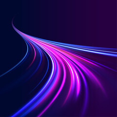 Abstract image of speed motion on the road. Vector glitter light fire flare trace. Expressway, the effect of car headlights. Low-poly construction of fine lines. 