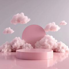 Minimalist Cloud Scene 3D pink Render with Podium and Clouds for Product Display