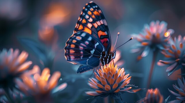 Detailed macro shot of a vividly colored butterfly perched on orange blooming flowers, showcasing nature's intricacy.