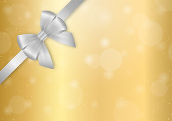 Silver Ribbon Bow on Golden Background for Christmas and New Year Event. Vector Illustration.