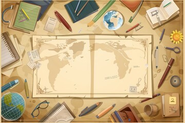 Border design,surrounded by stationery supplies,pen,book, Globe,Leave a rectangular space in the middle,brown color,brown background,cute style, Nordic style,cartoon illustration