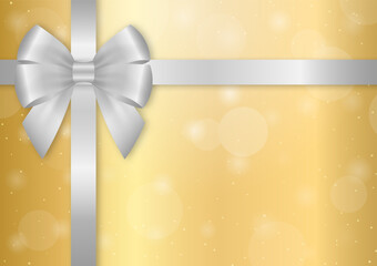 Silver Ribbon Bow on Golden Background for Christmas and New Year Event. Vector Illustration.