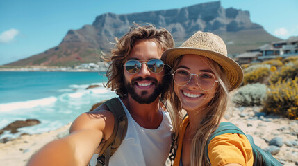 Fototapeta premium Energetic young travelers, pausing for a selfie with the backdrop of a majestic mountain.