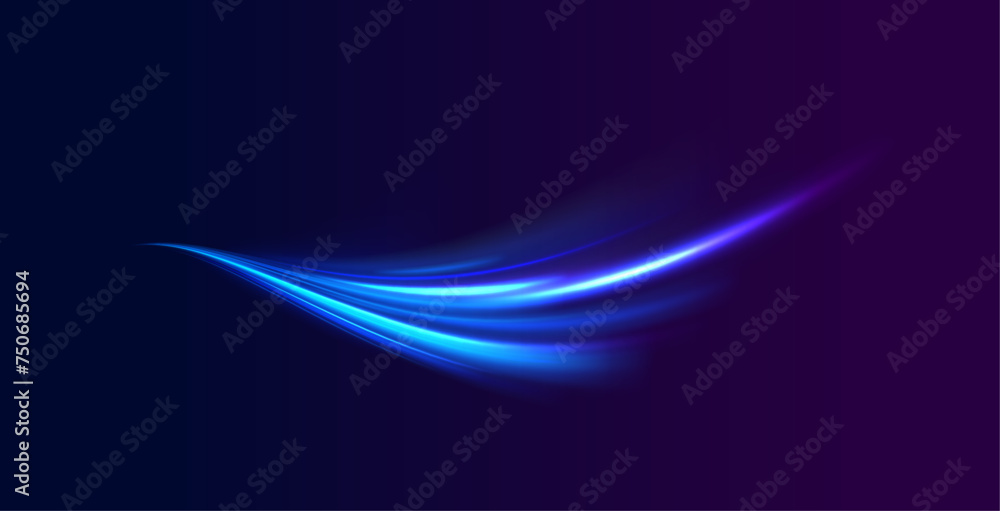 Poster lines in the shape of a comet against a dark background. elegant bright neon linear wave. abstract l
