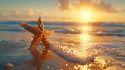 Fototapeta na wymiar Starfish lies on the sandy beach, illuminated by the golden sunrise over the ocean.