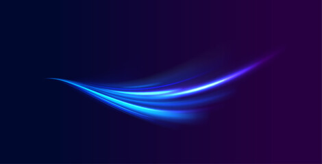 Lines in the shape of a comet against a dark background. Elegant bright neon linear wave. Abstract light lines of movement and speed with blue color and sparkles.	