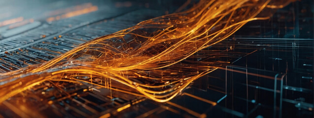 Abstract orange tech background with digital waves  - obrazy, fototapety, plakaty
