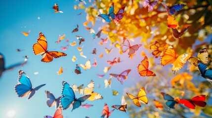 Fototapeta na wymiar Flock of vibrant butterflies with various patterns soars against a clear blue sky.