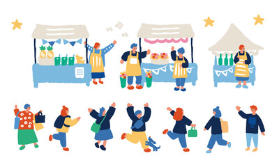 マーケットを楽しむ人々のフラットでシンプルなイラストセット
