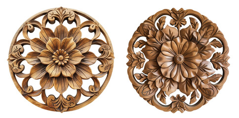 A set of pattern flowers is carved on round wood. Ornament Wood carving and woodworking. Isolated on transparent background
