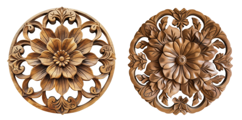 A set of pattern flowers is carved on round wood. Ornament Wood carving and woodworking. Isolated on transparent background