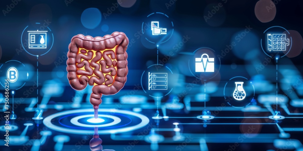 Aufkleber digitized intestines amidst a network of medical data, representing innovation in digestive health, 