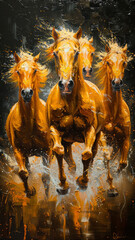 Fototapeta premium herd of golden akhal tekea horses golden oil painting, technical proficiency, landscape black background, academic art brighful,generative ai