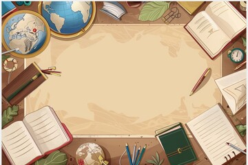 Fototapeta na wymiar Border design,surrounded by stationery supplies,pen,book, Globe,Leave a rectangular space in the middle,brown color,brown background,cute style, Nordic style,cartoon illustration