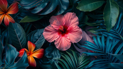 colorful flower on dark tropical foliage nature background.generative ai