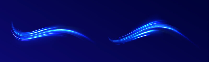 Lines in the shape of a comet against a dark background. Elegant bright neon linear wave. Abstract light lines of movement and speed with blue color and sparkles.	