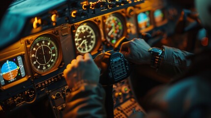 Detailed view of an airplane cockpit showing various controls - obrazy, fototapety, plakaty