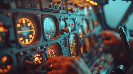 Detailed view of an airplane cockpit showing various controls - obrazy, fototapety, plakaty