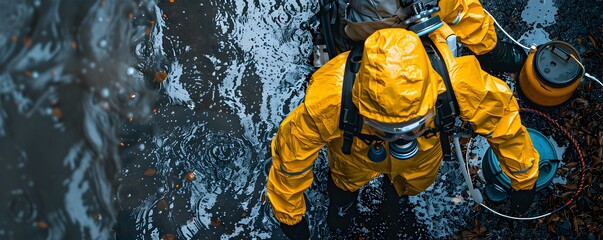 The significance of safety measures showcased in a chemical spill scenario with hazmat suits and warning signs. Concept Chemical Spill, Hazmat Suits, Safety Measures, Warning Signs