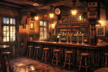 Illustration of a pub with wooden walls, bar counter and chairs