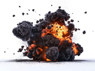 fire Powerful explosion with black smoke cloud on white background