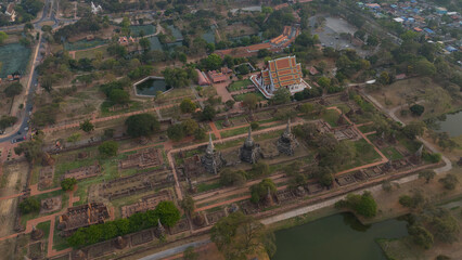 A bird's-eye view from a drone of the ancient capital of Ayutthaya, Thailand.