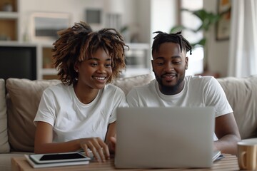 Cheerful young couple engaged in viewing content together on a laptop in a cozy living room setting. - obrazy, fototapety, plakaty