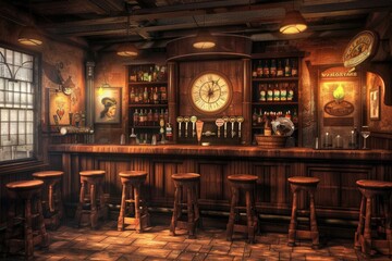 Illustration of a pub with wooden walls, bar counter and chairs
