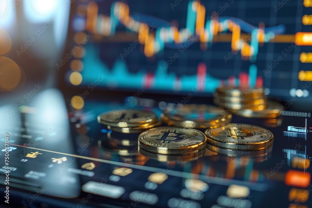 Aufkleber smartphone displaying bitcoin trading graph with physical coins, representing mobile cryptocurrency 