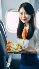Obraz na płótnie Canvas Vertical photo of a young Friendly Asian Flight Attendant serving food, drinks and talking to passengers on the plane. Airline service, Flights, Travel, Service, Transport, Aircrew, Profession Concept