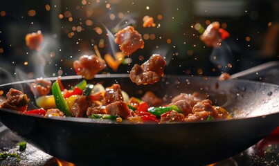Stir fry meat and vegetables cooking in wok, flying ingredients. Chinese recipes. Wok preparation...