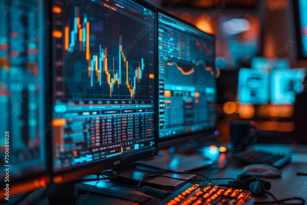 Poster high-tech trading workstation with multiple computer screens displaying financial data.