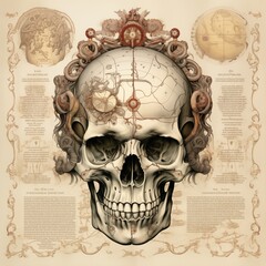 Medical vintage old retro illustration of human skull. Artistic view. Inventor s blueprints style