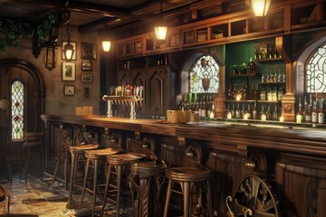 Illustration of a pub with wooden walls, bar counter and chairs