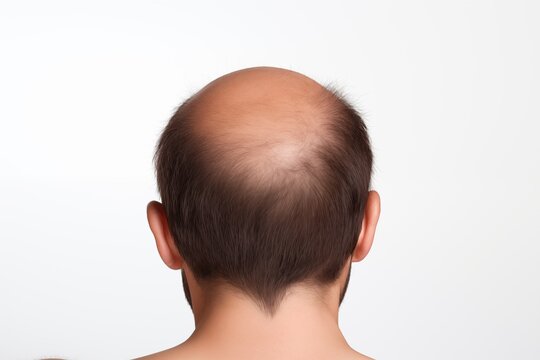 Man with a bald spot on his head, isolated shoot on white background. Male problem of losing hairs. Goog for advertising hair loss, alopecia products.
