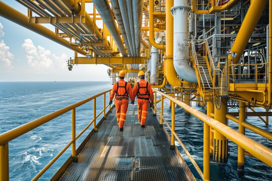 Two offshore workers in high visibility clothing walking on a sunny oil rig platform above the sea.
