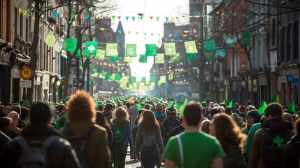 Fototapeta premium St. Patrick's Day Parade. Crowded street during a St. Patrick's Day parade with people wearing green and festive decorations hanging above.