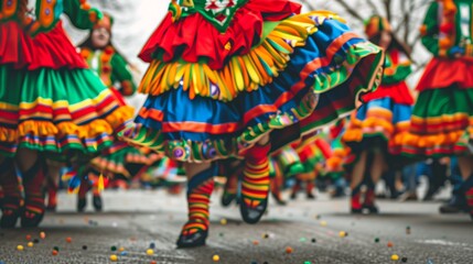 St. Patrick's Day. Vivid and colorful traditional costumes worn during a festive carnival parade, with motion blur capturing the movement.